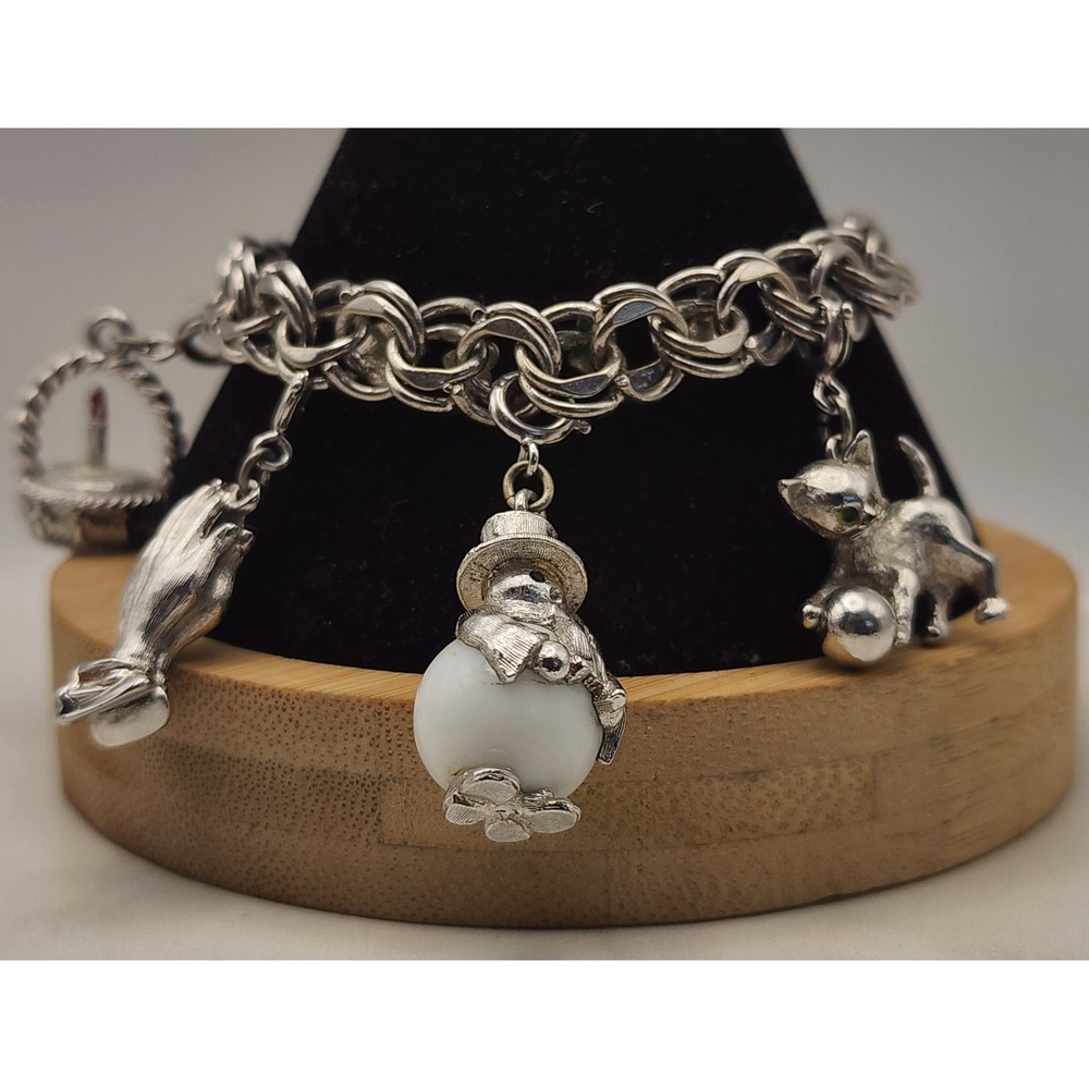 Vintage Monet Silver Tone Charm Bracelet Snowman Kitten Cake Praying Hand 6 3/4"